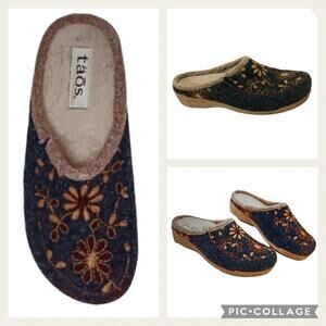 Taos Footwear Blue and Brown Embroidered Mules